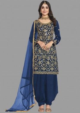 Blue Art Silk Punjabi Salwar Suit In Mirror Work