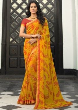 Yellow Georgette Printed Saree 