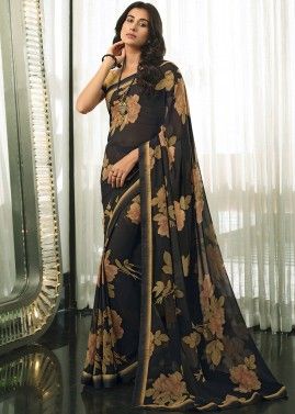 Black Printed Saree With Art Silk Blouse 