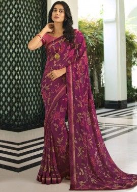 Magenta Printed Saree With Art Silk Blouse 