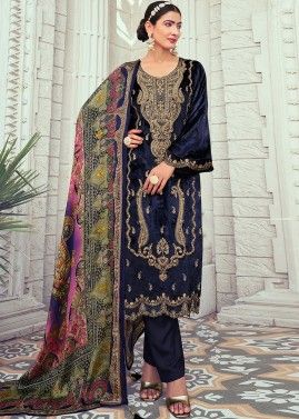 Navy Blue Embroidered Pant Suit Set