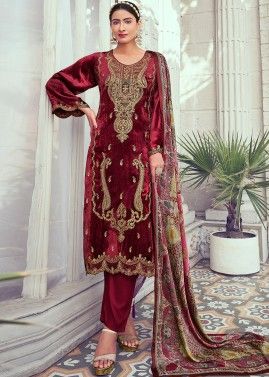Maroon Embroidered Velvet Pant Suit