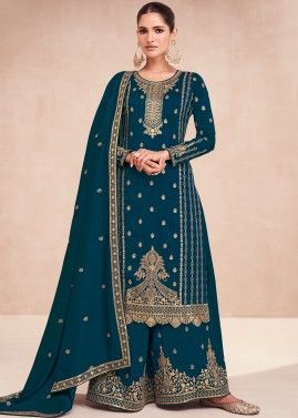 Teal blue Embroidered Silk Palazzo Suit