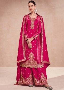 Pink Embroidered Palazzo Suit In Silk