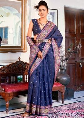 Blue Printed Saree In Art Pashmina Silk