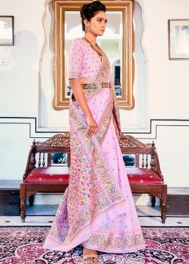 Pink Art Pashmina Silk Saree For Festive