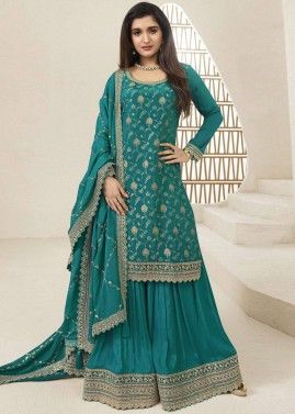 Green Woven Sharara Style Suit Set