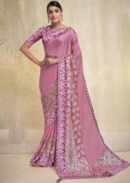 Pink Embroidered Saree In Crape