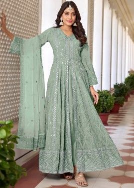 Green Embroidered Slit Style Suit Set