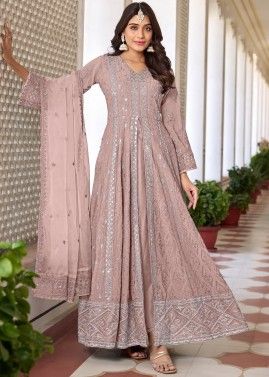 Mauve Pink Embroidered Slit Style Suit Set