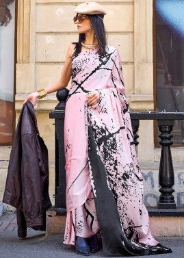 Pink Abtract Printed Saree In Satin With Blouse