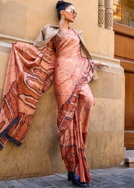 Peach Casual Saree In Abstract Printed Work