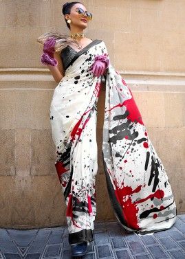 White Abstract Printed Satin Saree With Blouse