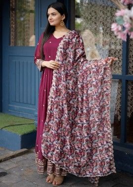 Wine Embroidered Readymade Anarkali Suit In Georgette