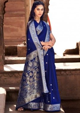 Blue Satin Saree In Woven Design 