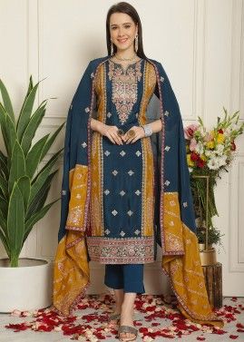 Blue Embroidered Pant Style Suit In Chiffon