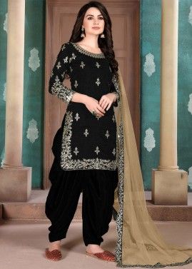 Black Embroidered Punjabi Suit In Art Silk