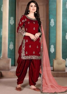 Red Art Silk Punjabi Suit In Resham Embroidery
