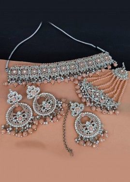 Peach Stone Studded Choker Necklace Set & Passa