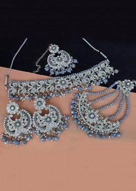 Grey Choker Necklace Set In Stone & beads Work