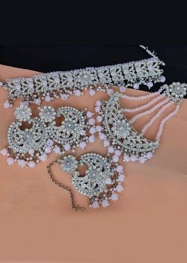 White Stone Studded Choker Necklace Set & Passa