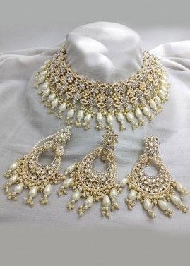 White Stone Studded Choker Necklace & Earrings