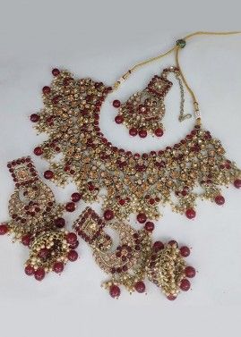 Red Necklace Set & Earrings In Stone Work