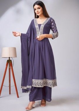 Readymade Purple Embroidered Palazzo Suit