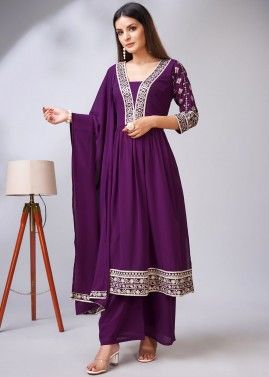 Purple Readymade Embroidered Palazzo Suit