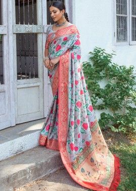 Green Floral Printed Saree In Banarasi Silk