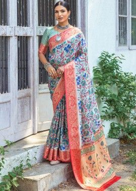 Green Floral Printed Banarasi Silk Saree
