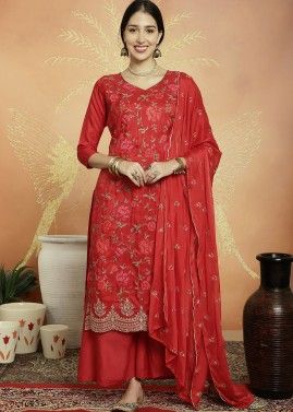 Red Embroidered Palazzo Suit Set
