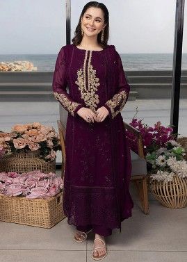 Purple Embroidered Georgette Pant Suit