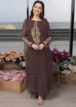 Brown Georgette Pant Suit In Thread Embroidery