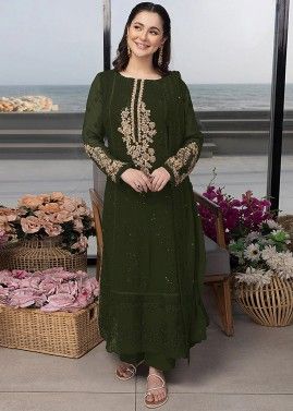 Green Embroidered Georgette Pant Suit Set
