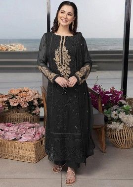 Black Georgette Pant Suit In Thread Embroidery