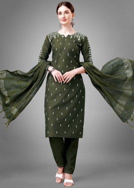 Green Readymade Printed Pant Suit In Cotton