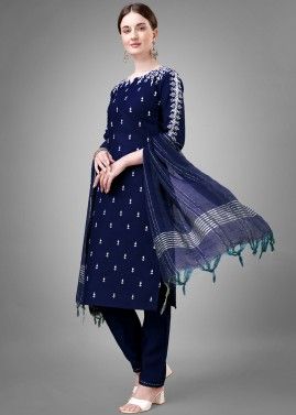 Blue Readymade Cotton Pant Suit In Print