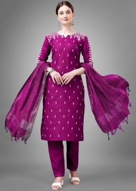 Magenta Readymade Cotton Pant Suit In Print