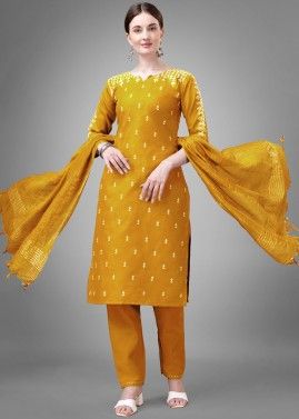 Yellow Printed Cotton Readymade Pant Suit