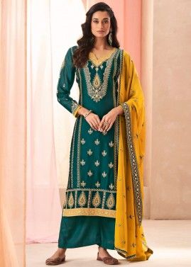 Teal Green Readymade Embroidered Art Silk  Palazzo Suit