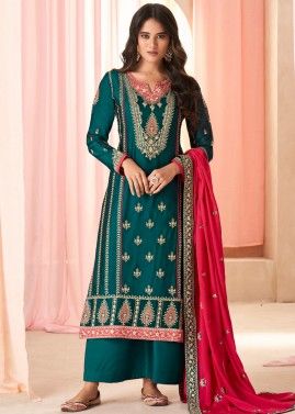 Teal Green Readymade Embroidered Palazzo Suit In Art Silk