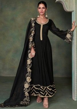 Black  Readymade Embroidered Silk Anarkali Suit