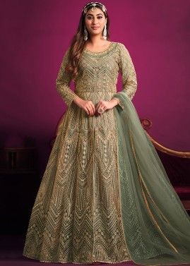 Green Slitted Pant Suit In Dori Embroidery