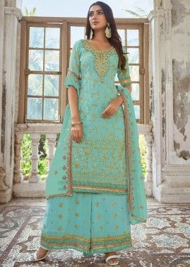 Turquoise Embroidered Palazzo Suit Set