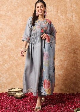 Readymade Grey Embroidered Anarkali Pant Suit