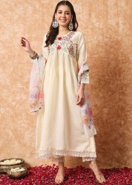 Cream Readymade Embroidered Anarkali Pant Suit