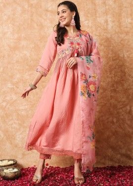Peach Embroidered Readymade Anarkali Pant Suit