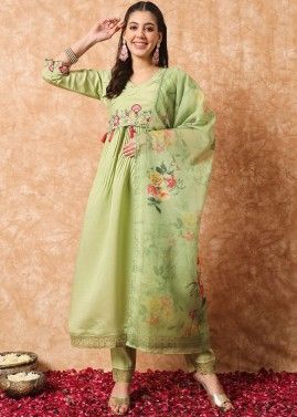 Readymade Green Embroidered Anarkali Pant Suit