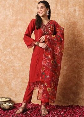 Readymade Red Embroidered Pant Suit Set